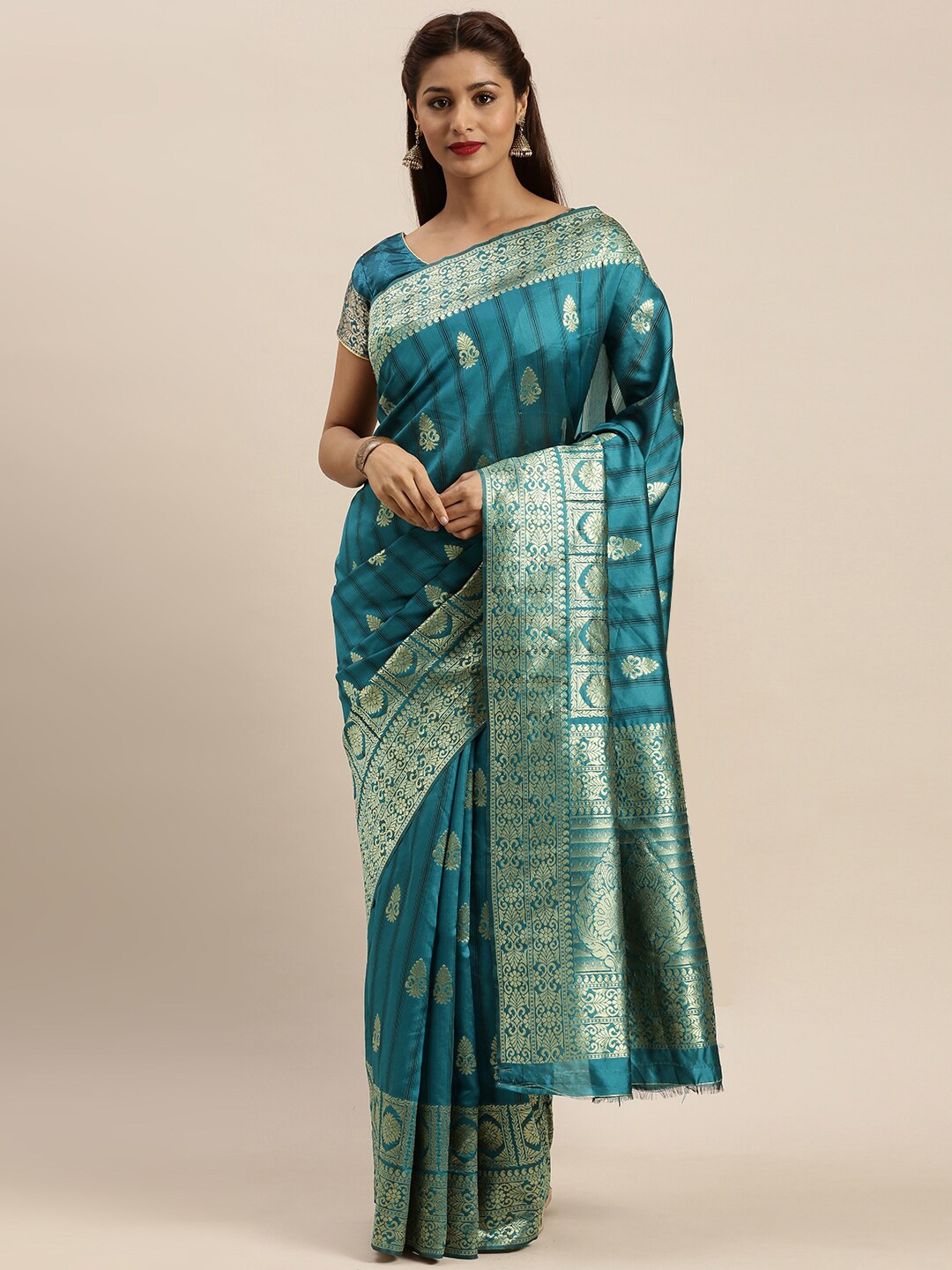 

Mitera Blue & Silver Ethnic Motifs Zari Silk Blend Banarasi Saree