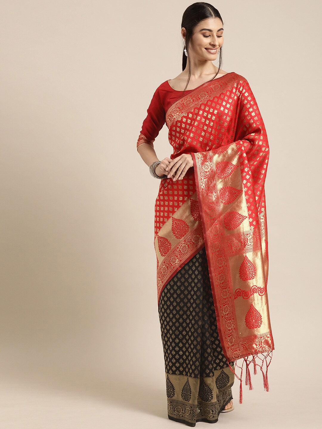 

Mitera Red & Black Woven Design Zari Silk Blend Banarasi Saree