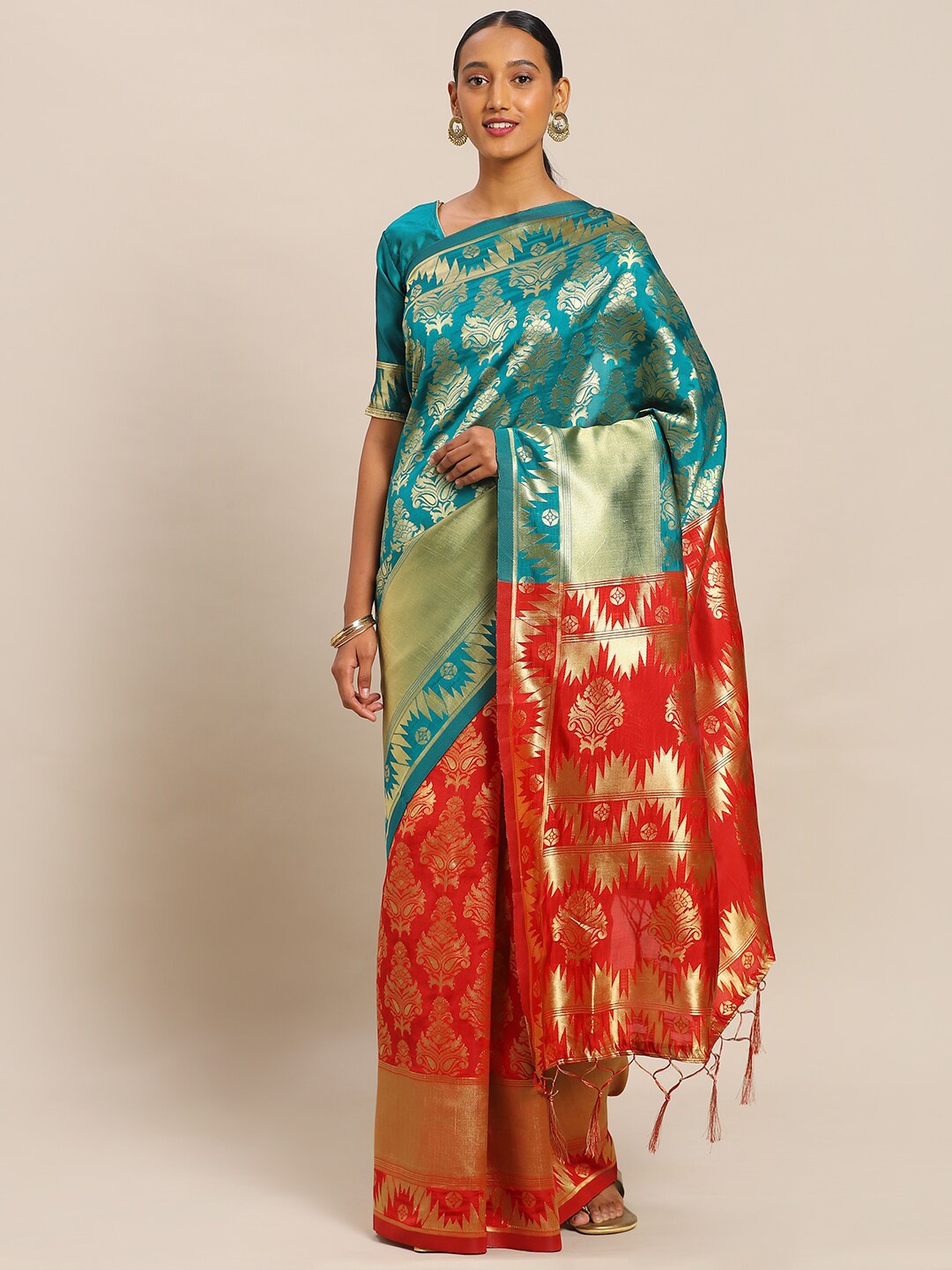 

Mitera Red & Blue Woven Design Zari Silk Blend Banarasi Saree