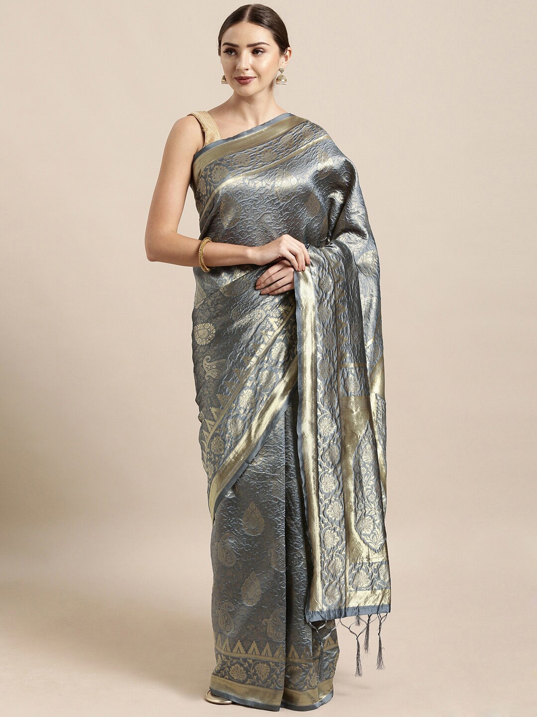 

Mitera Grey Woven Design Zari Silk Blend Banarasi Saree