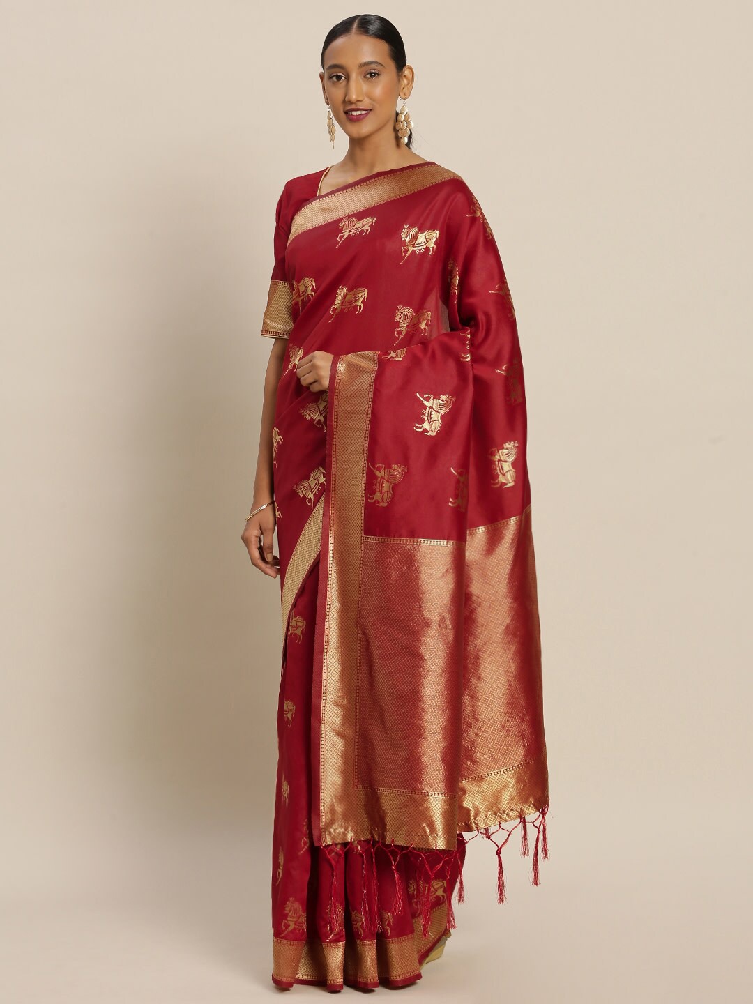 

Mitera Red & Gold-Toned Woven Design Zari Silk Blend Banarasi Saree