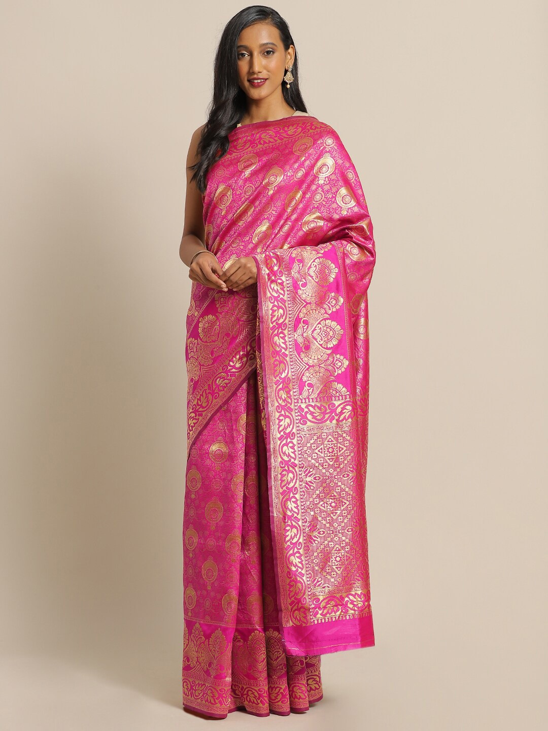 

Mitera Pink & Gold-Toned Ethnic Motifs Zari Silk Blend Banarasi Saree