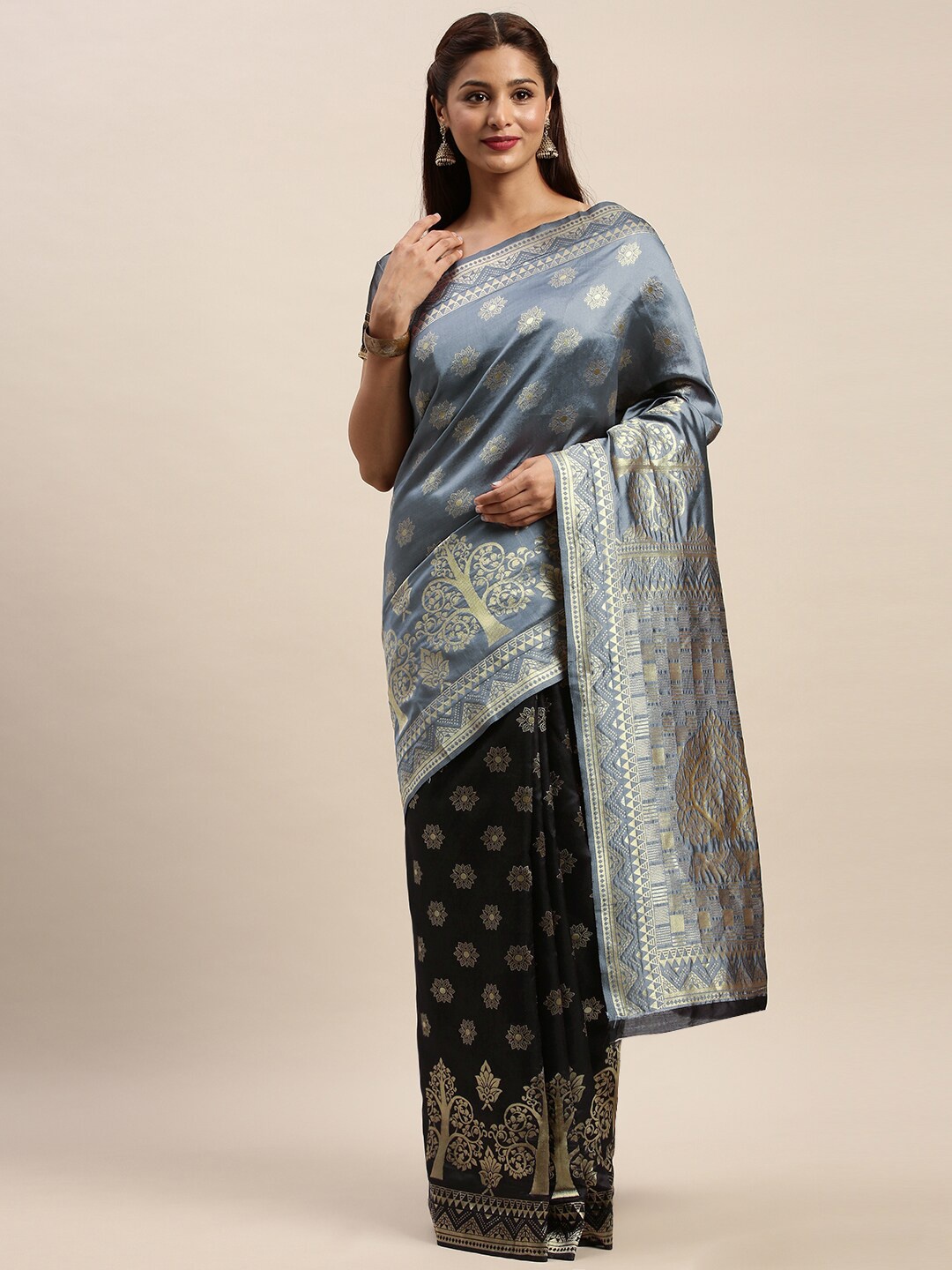 

Mitera Grey & Black Woven Design Silk Blend Half and Half Banarasi Saree