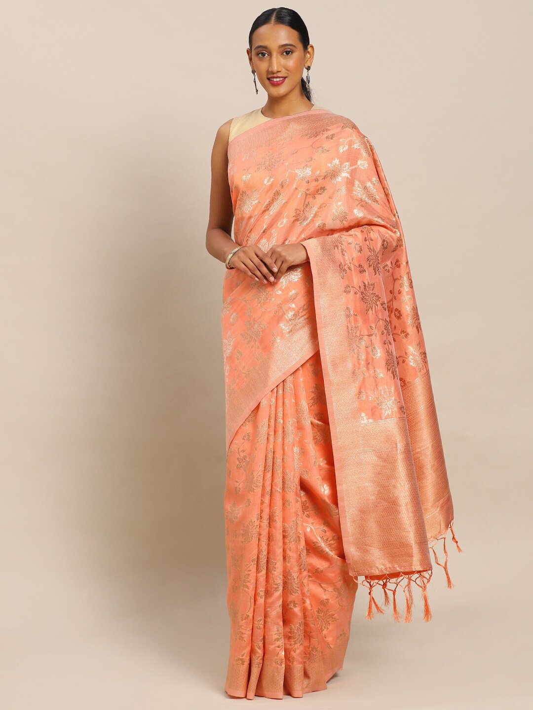 

Mitera Peach-Coloured & Gold-Toned Woven Design Zari Silk Blend Banarasi Saree