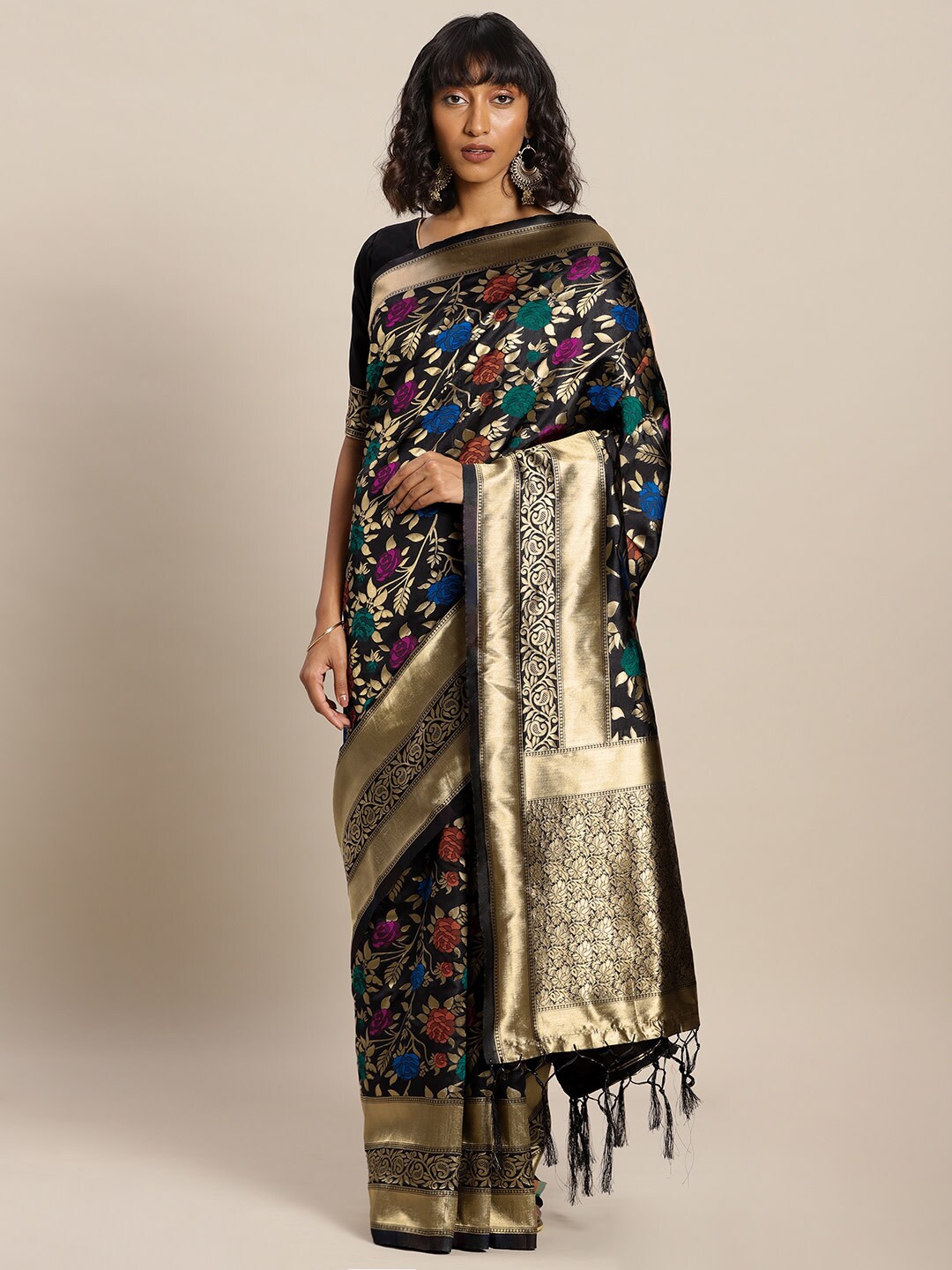 

Mitera Black & Pink Woven Design Zari Silk Blend Banarasi Saree