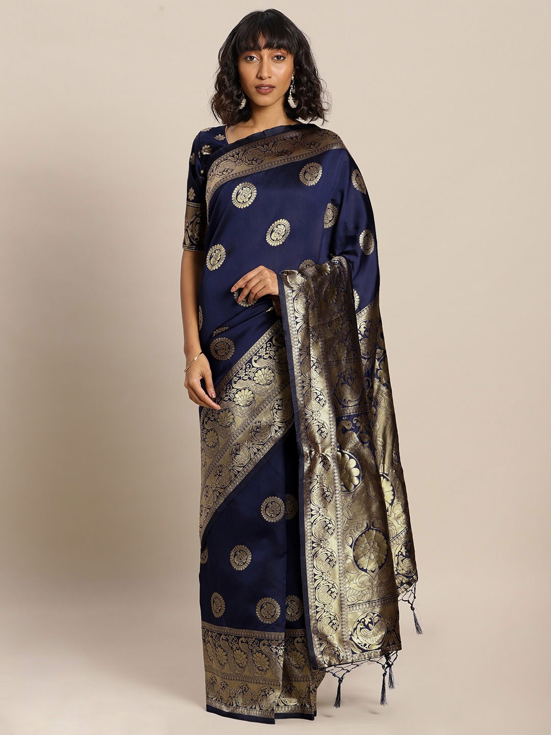 

Mitera Navy Blue & Golden Ethnic Motifs Zari Silk Blend Banarasi Saree