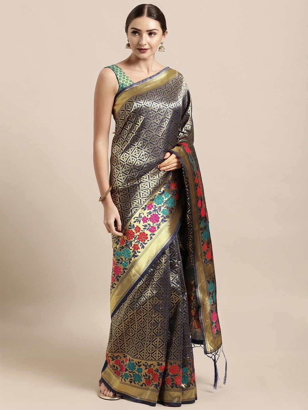 

Mitera Navy Blue & Gold-Toned Woven Design Zari Silk Blend Banarasi Saree