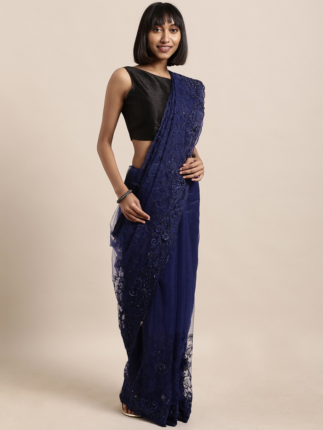 

Mitera Navy Blue & White Floral Embroidered Net Saree