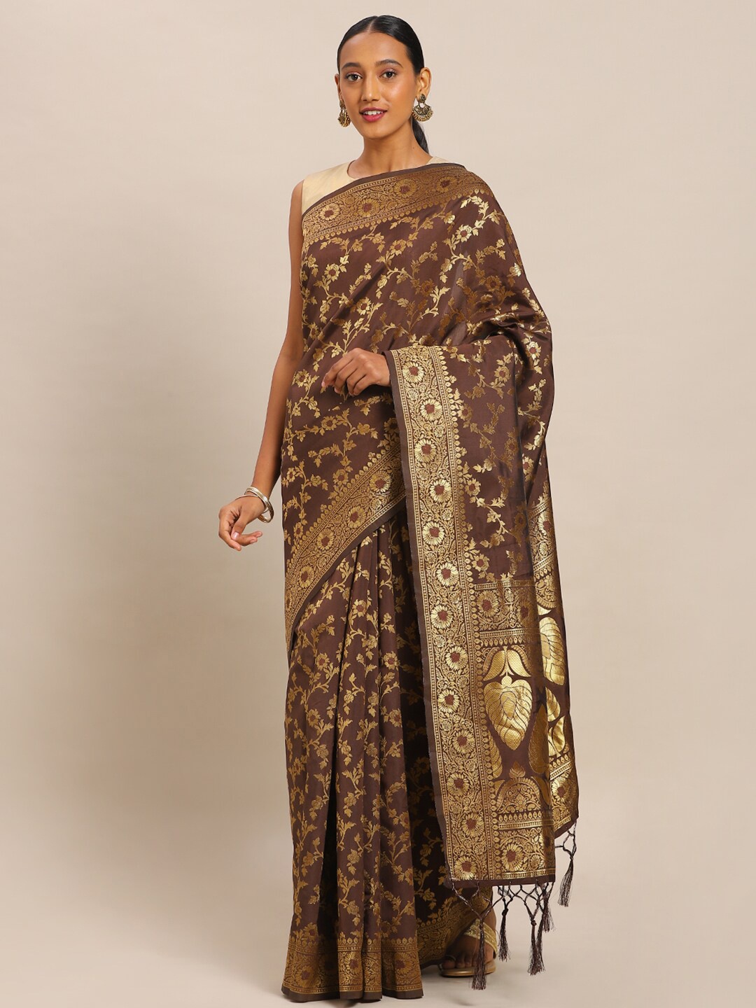 

Mitera Coffee Brown & Golden Ethnic Motifs Zari Silk Blend Banarasi Saree