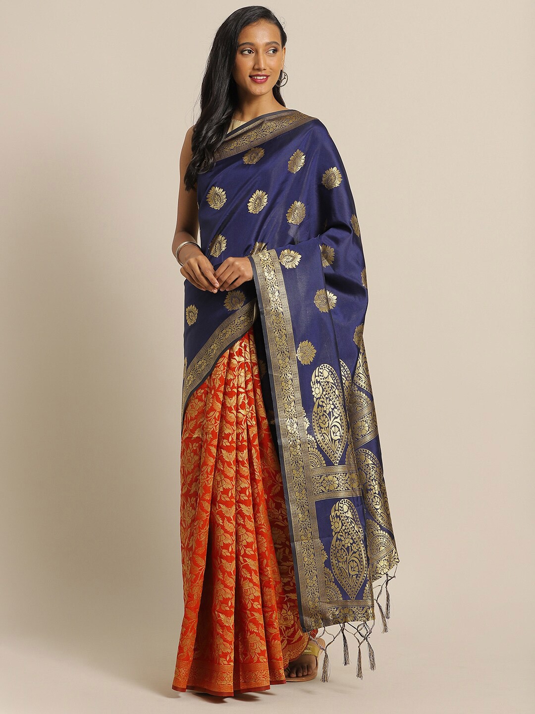 

Mitera Navy Blue & Red Woven Design Zari Silk Blend Banarasi Saree