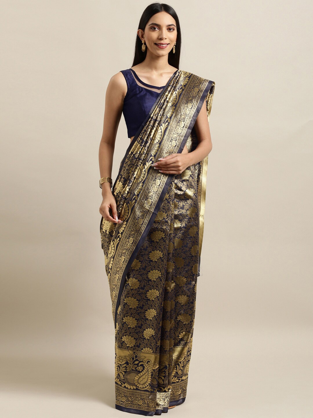 

Mitera Navy Blue & Golden Ethnic Motifs Zari Silk Blend Banarasi Saree