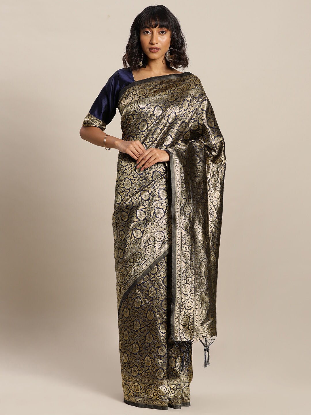 

Mitera Navy Blue & Gold-Toned Woven Design Zari Silk Blend Banarasi Saree