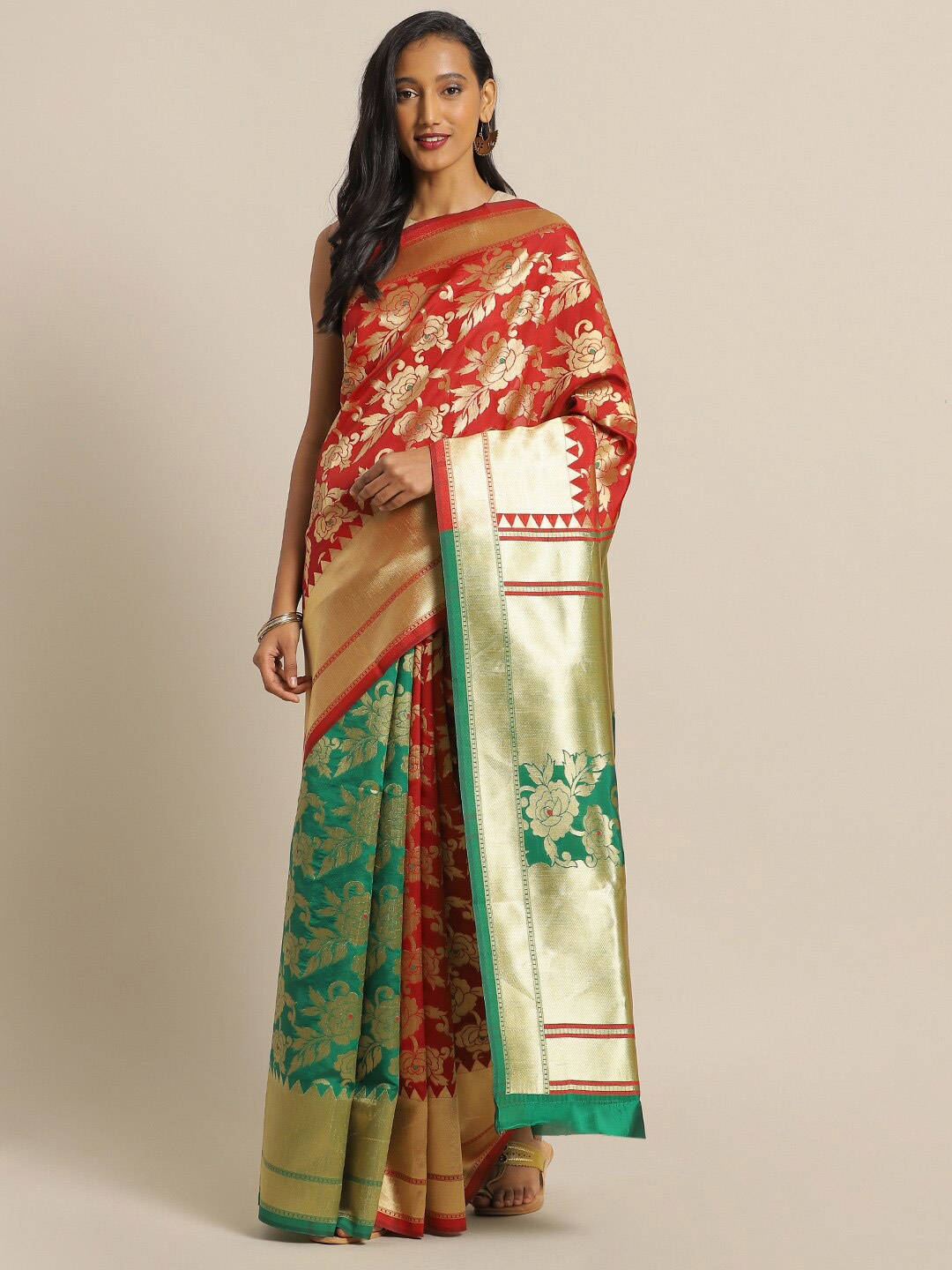 

Mitera Red & Green Woven Design Zari Silk Blend Banarasi Saree