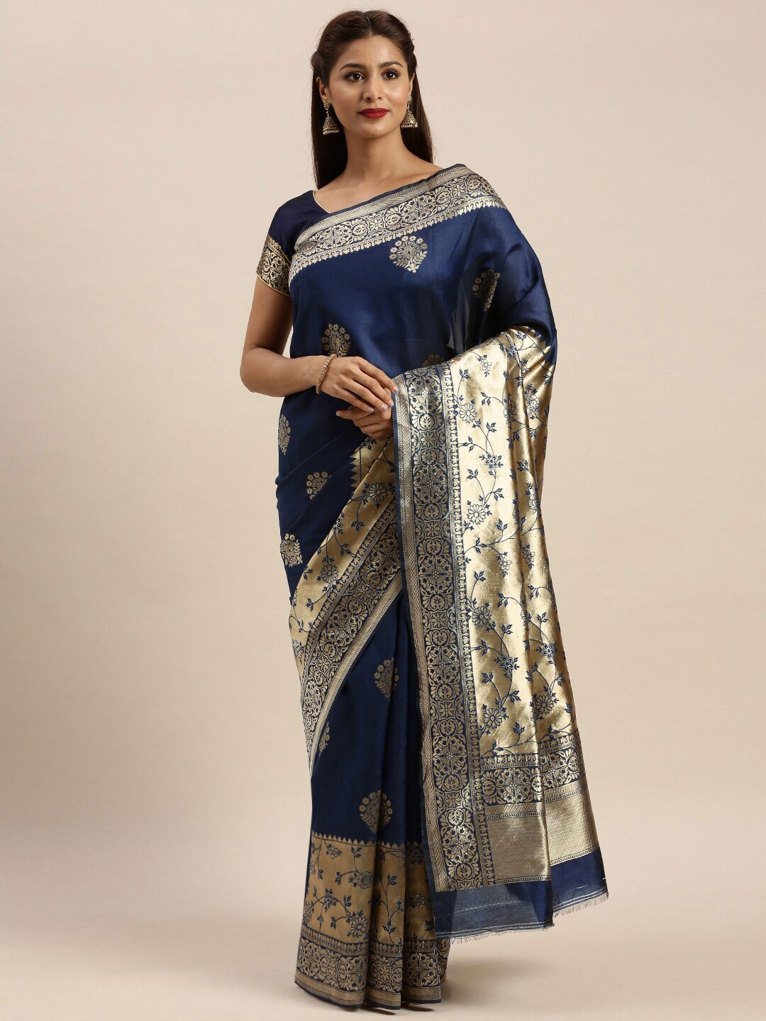 

Mitera Navy Blue & Gold-Toned Woven Design Zari Silk Blend Banarasi Saree