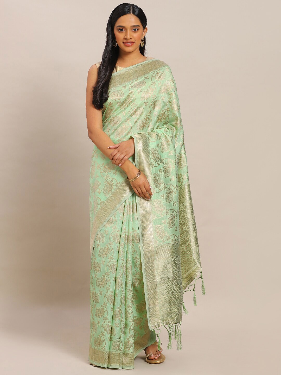 

Mitera Sea Green & Gold-Toned Woven Design Silk Blend Banarasi Saree