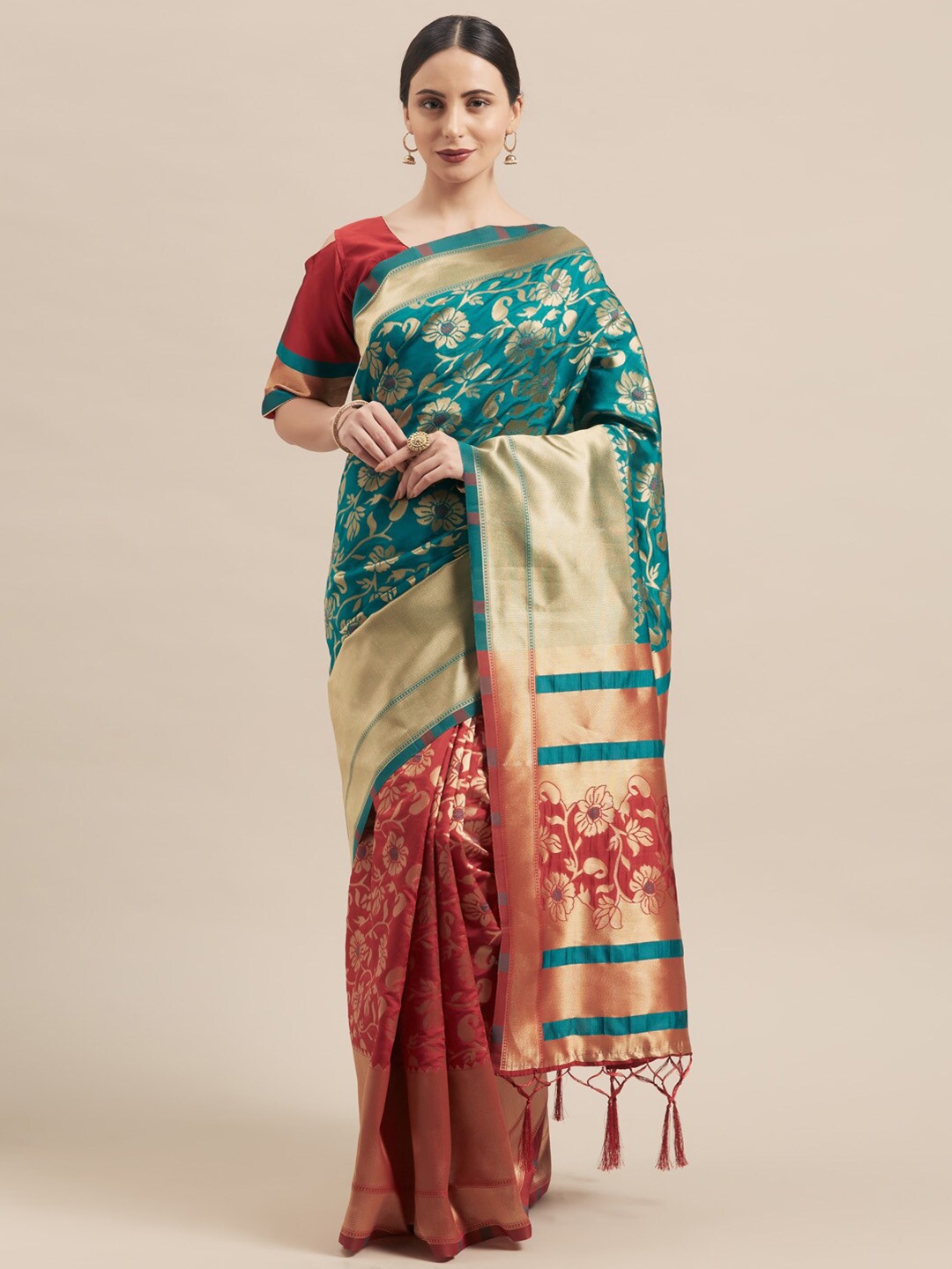 

Mitera Red & Green Woven Design Zari Silk Blend Banarasi Saree