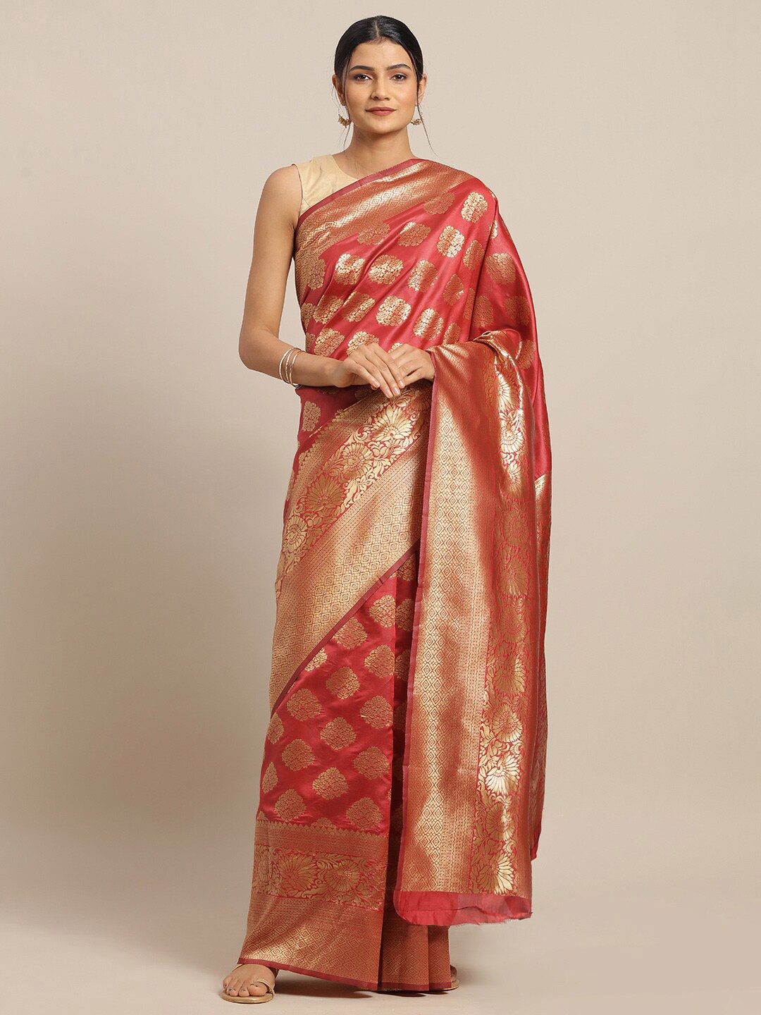 

Mitera Red & Gold-Toned Woven Design Zari Silk Blend Banarasi Saree