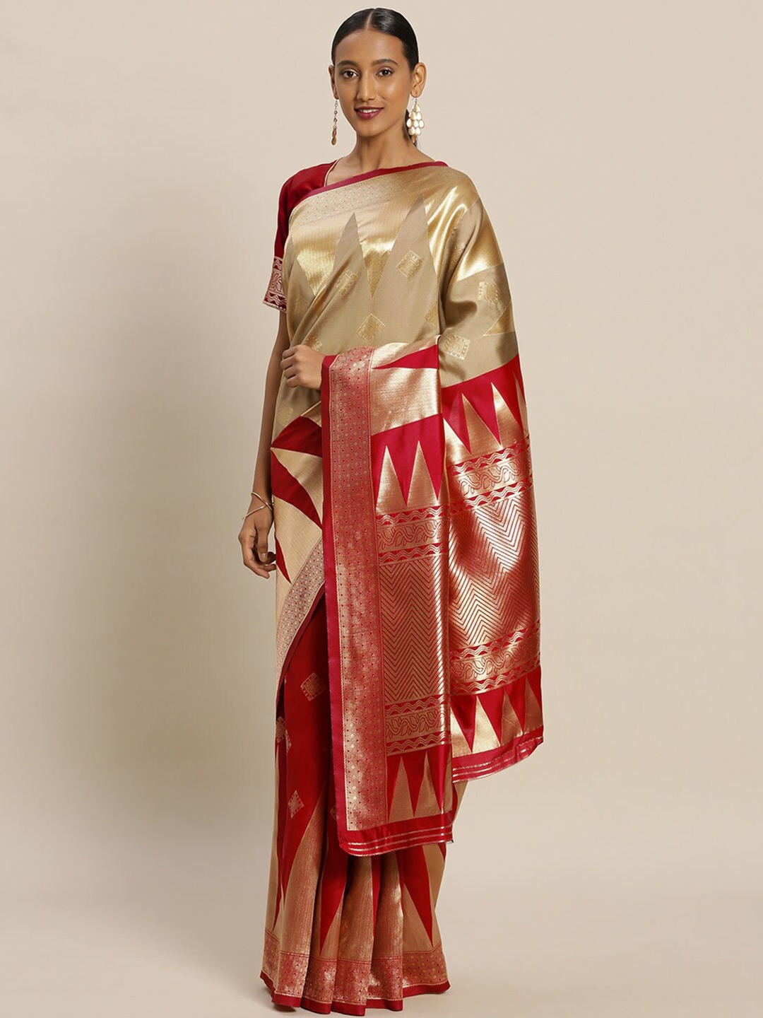 

Mitera Red & Golden Ethnic Motifs Zari Silk Blend Banarasi Saree