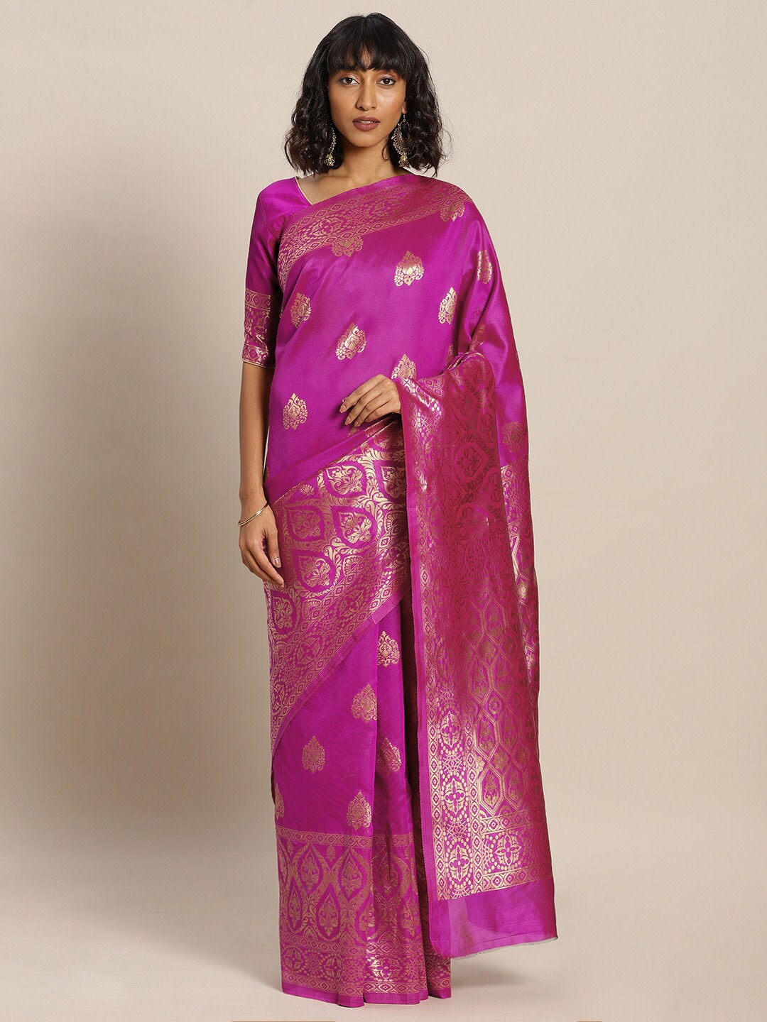 

Mitera Pink & Golden Ethnic Motifs Zari Silk Blend Banarasi Saree