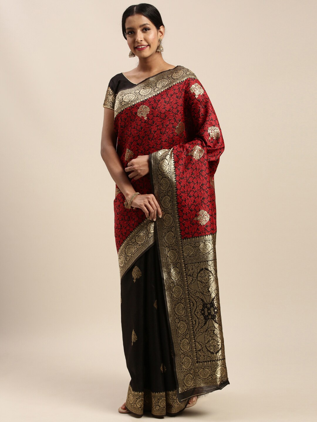 

Mitera Black & Red Ethnic Motifs Silk Blend Half and Half Banarasi Saree