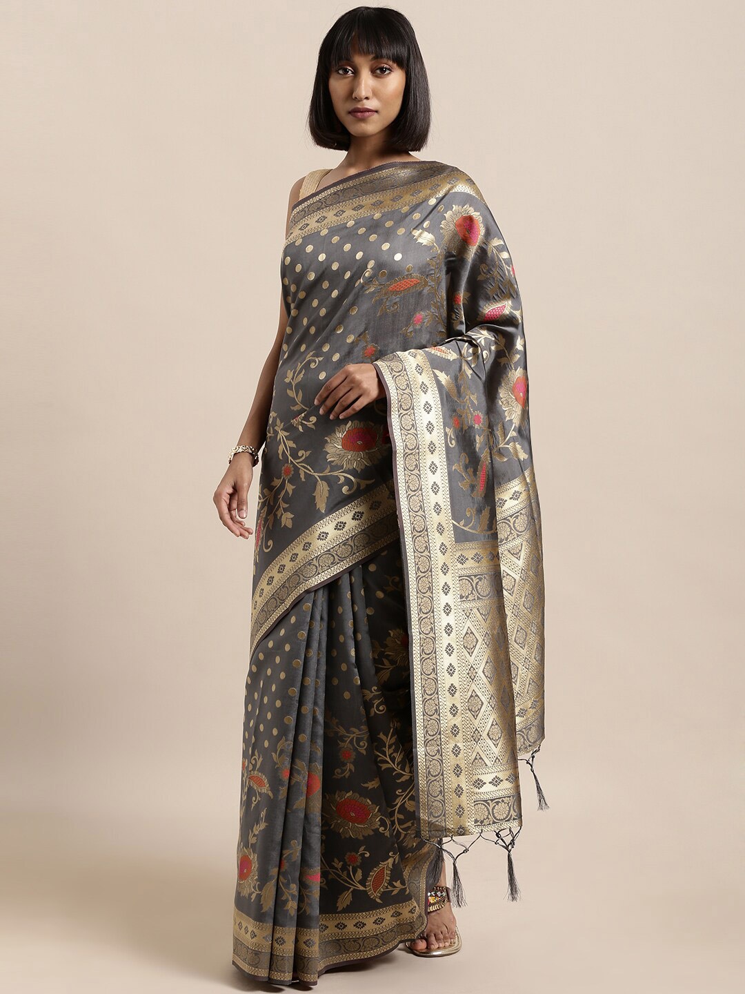

Mitera Grey & Red Ethnic Motifs Zari Silk Blend Banarasi Saree
