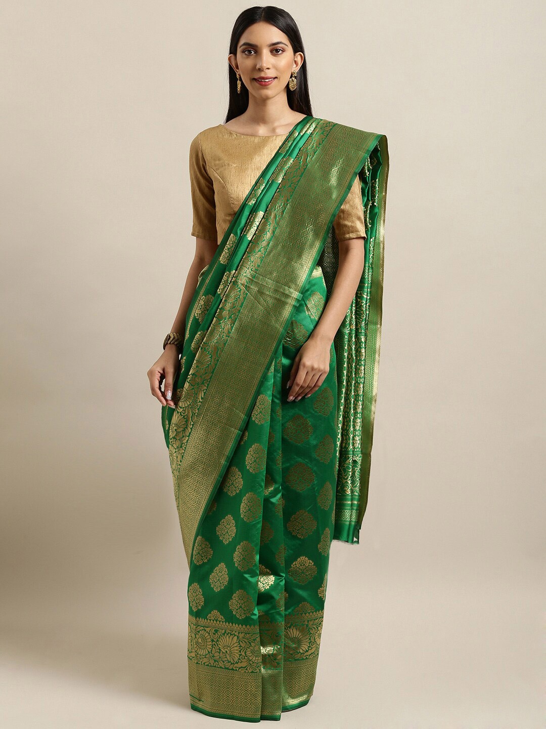 

Mitera Green & Gold-Toned Woven Design Zari Silk Blend Banarasi Saree