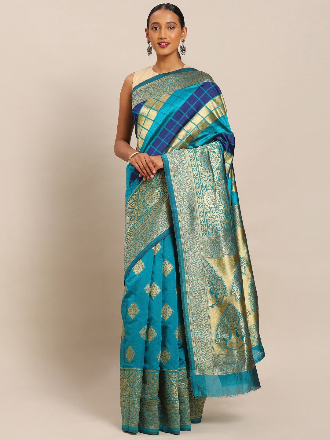

Mitera Blue & Gold-Toned Woven Design Zari Silk Blend Banarasi Saree