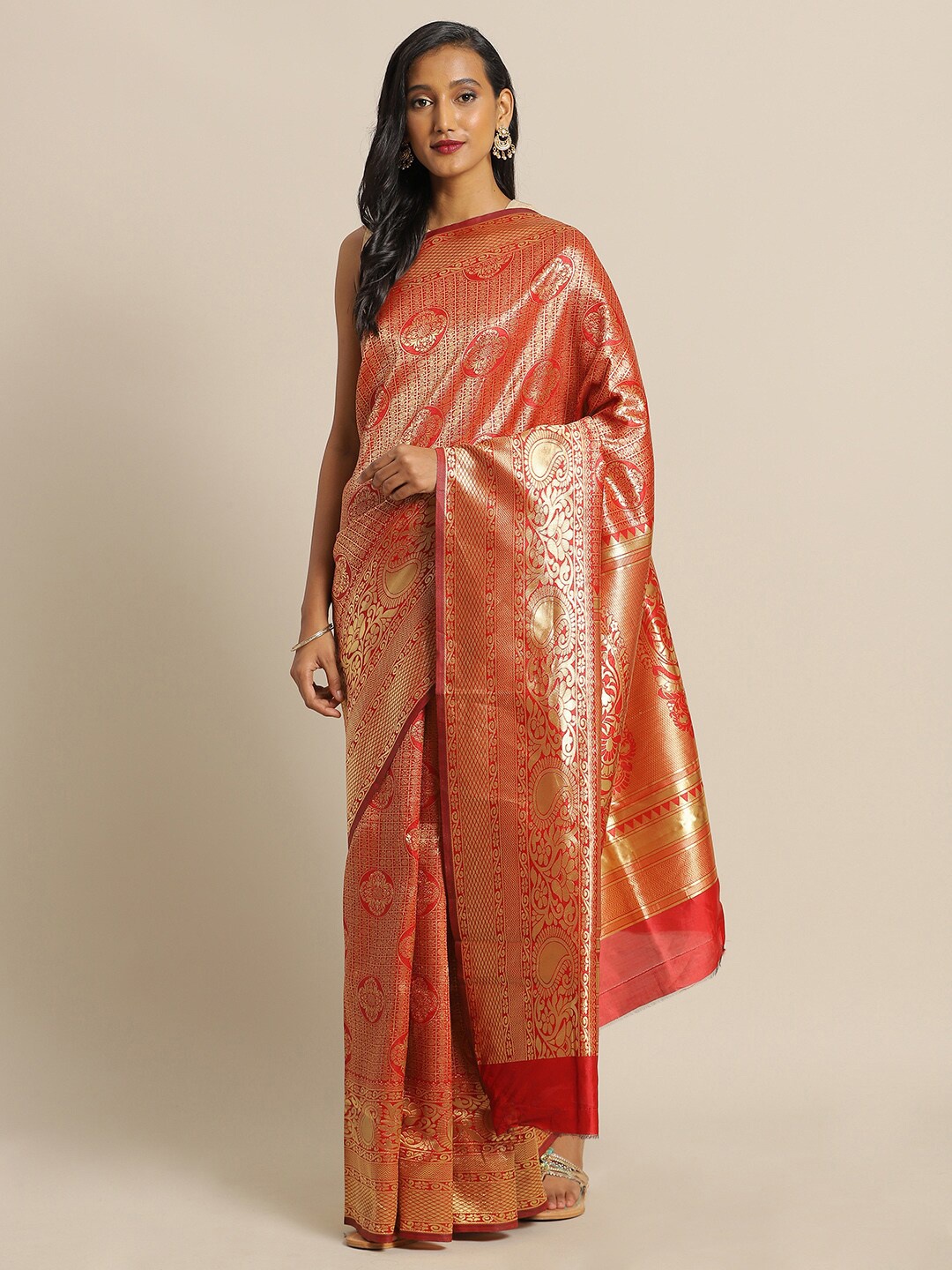 

Mitera Red & Gold-Toned Ethnic Motifs Zari Silk Blend Banarasi Saree