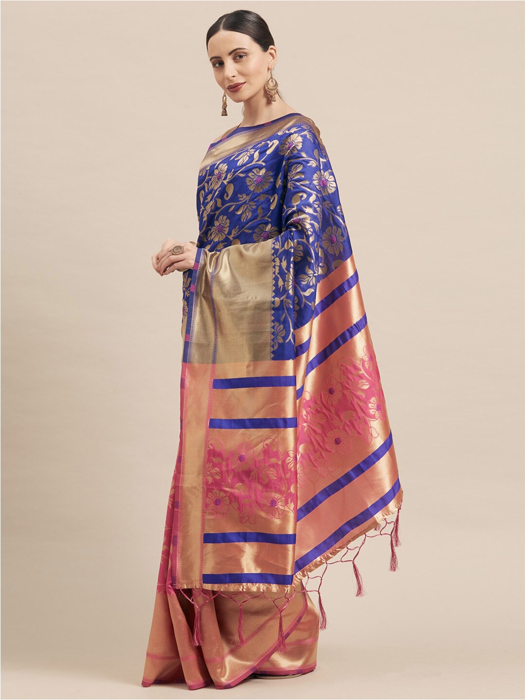 

Mitera Pink & Blue Floral Silk Blend Half and Half Banarasi Saree