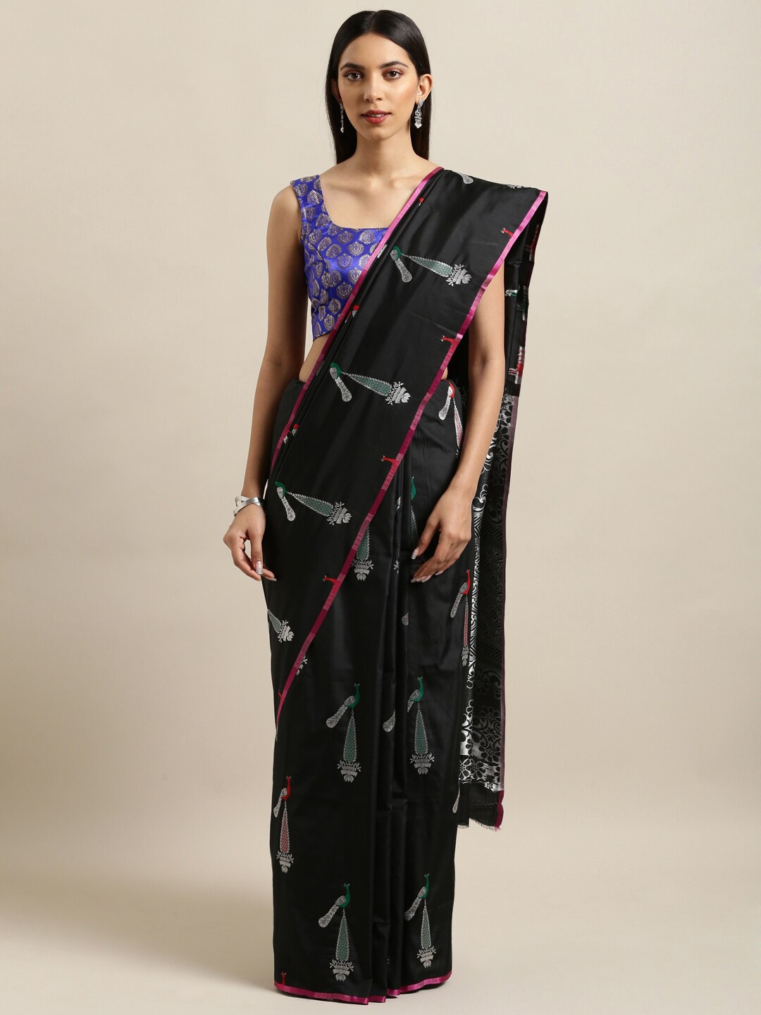 

Mitera Black & Red Ethnic Motifs Zari Silk Blend Banarasi Saree