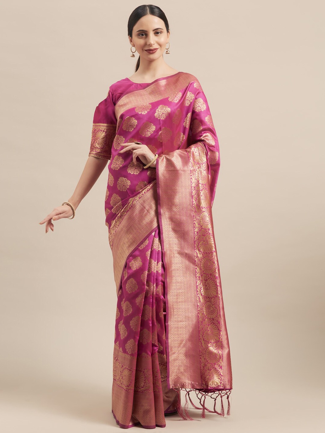 

Mitera Pink & Gold-Toned Woven Design Zari Silk Blend Banarasi Saree