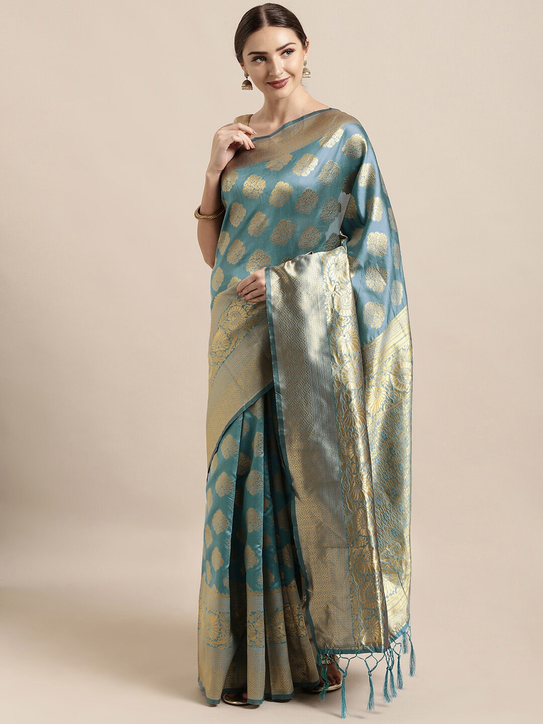 

Mitera Blue & Golden Ethnic Motifs Zari Silk Blend Banarasi Saree