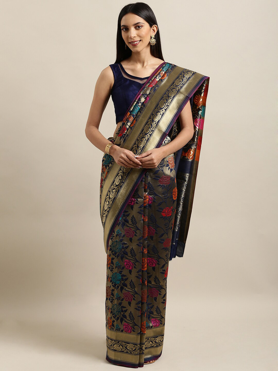 

Mitera Navy Blue & Gold-Toned Woven Design Zari Silk Blend Banarasi Saree