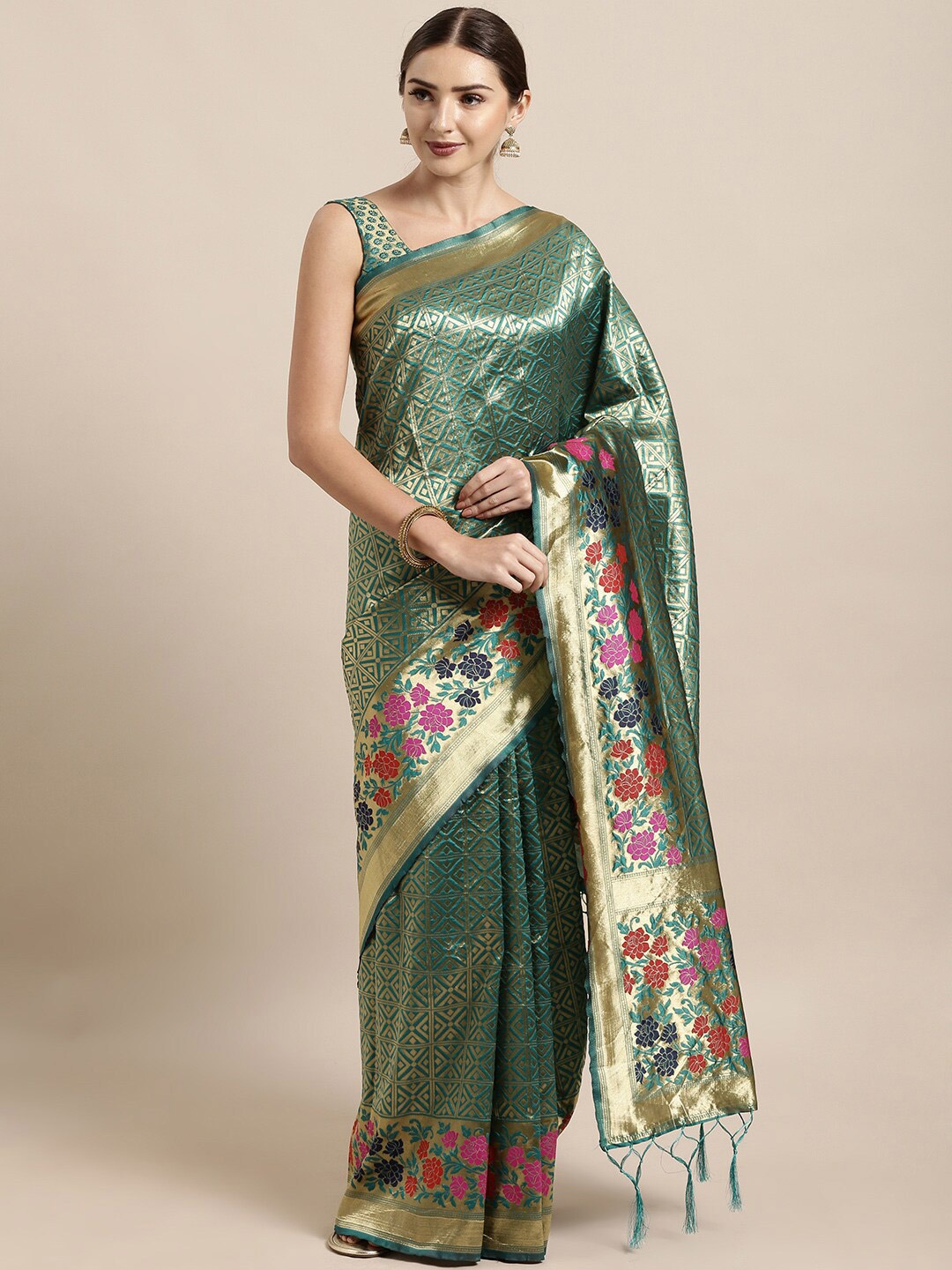 

Mitera Green Woven Design Silk Blend Banarasi Saree