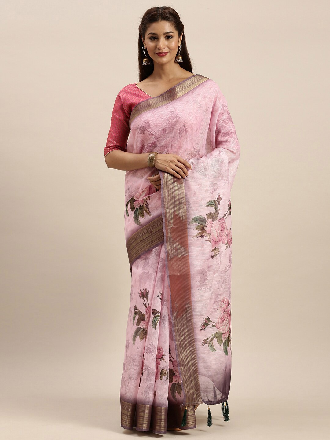 

Mitera Pink & Green Floral Zari Silk Blend Saree