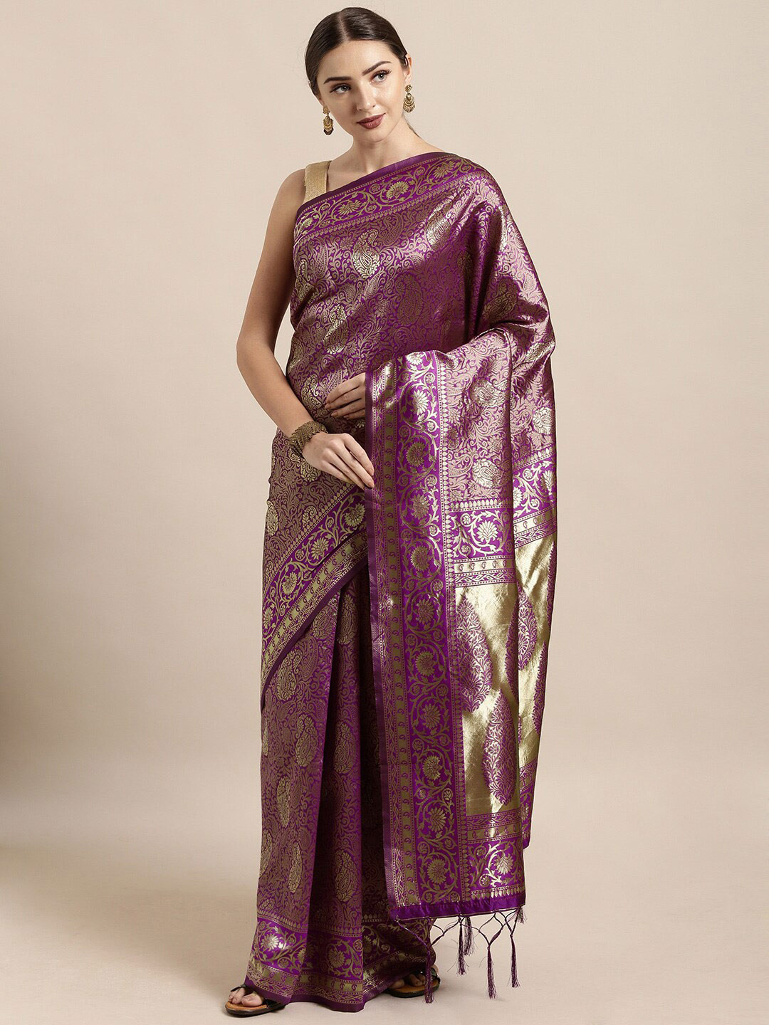 

Mitera Purple & Golden Ethnic Motifs Zari Silk Blend Banarasi Saree