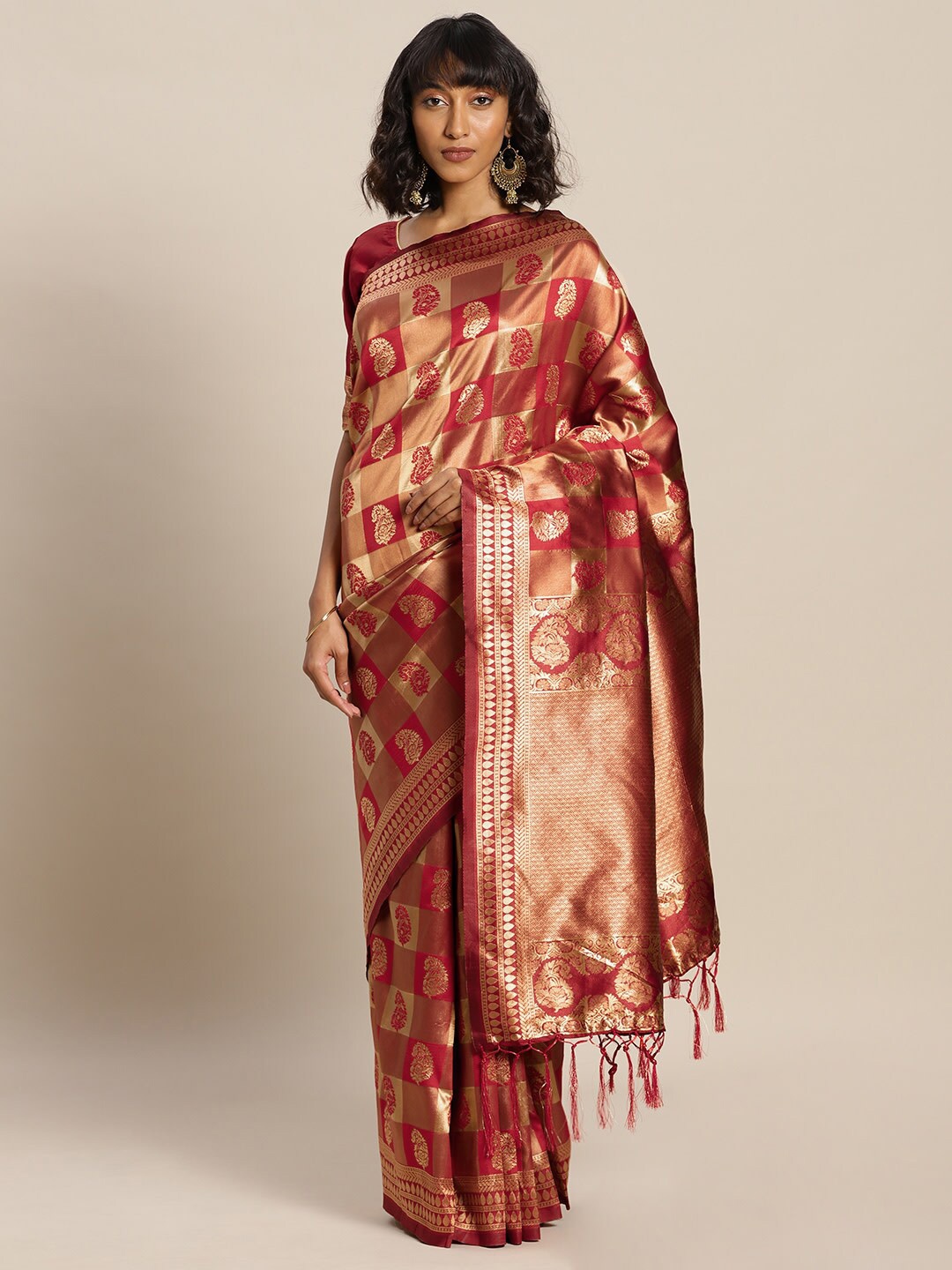 

Mitera Red & Gold-Toned Woven Design Zari Silk Blend Banarasi Saree
