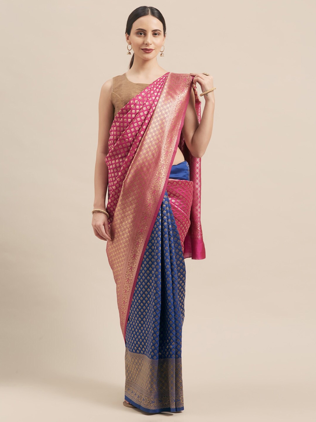 

Mitera Pink & Blue Ethnic Motifs Zari Silk Blend Banarasi Saree