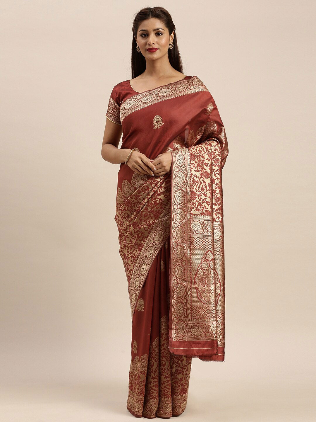 

Mitera Red & Golden Ethnic Motifs Zari Silk Blend Banarasi Saree