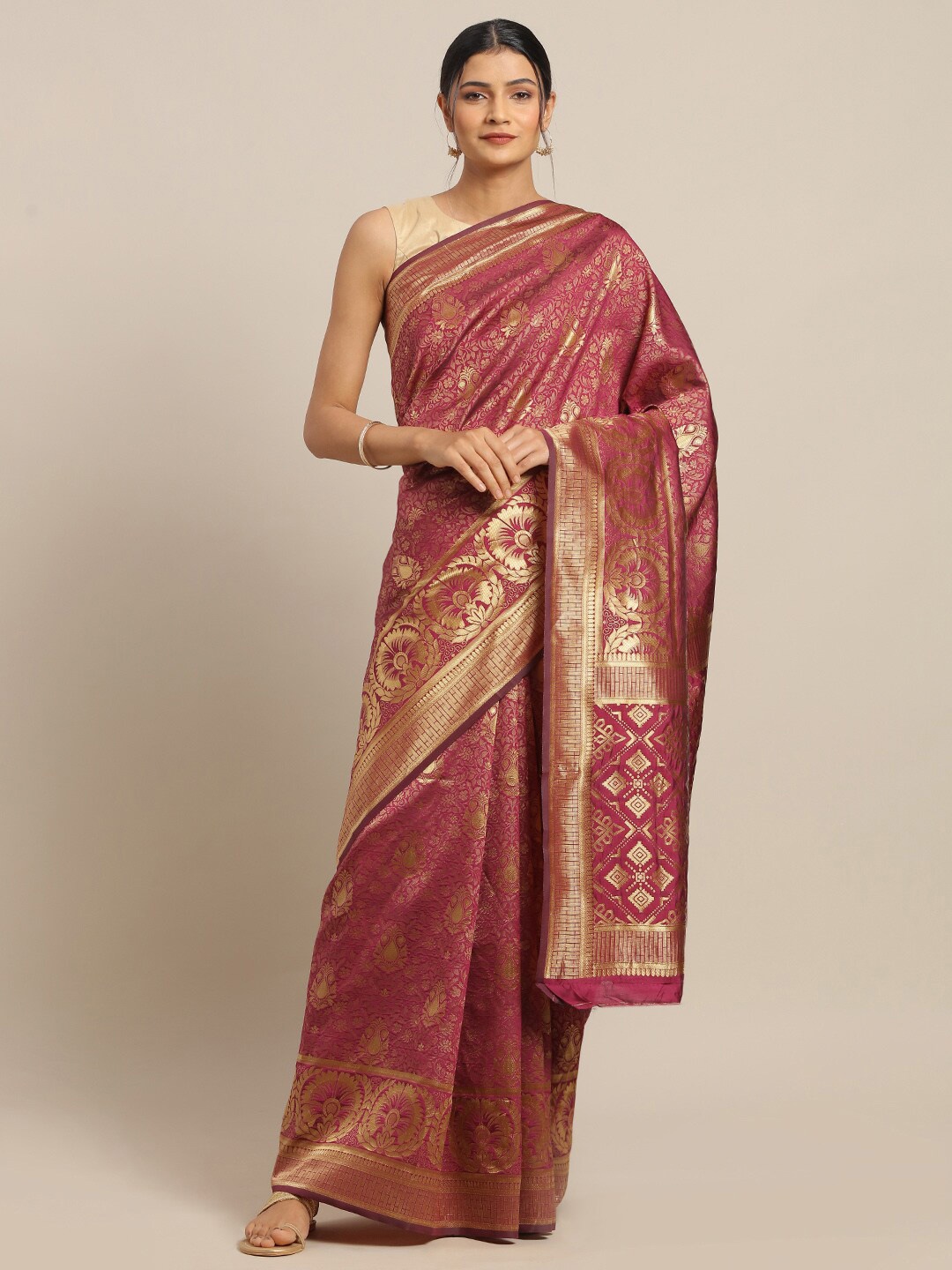 

Mitera Burgundy & Golden Ethnic Motifs Zari Silk Blend Banarasi Saree