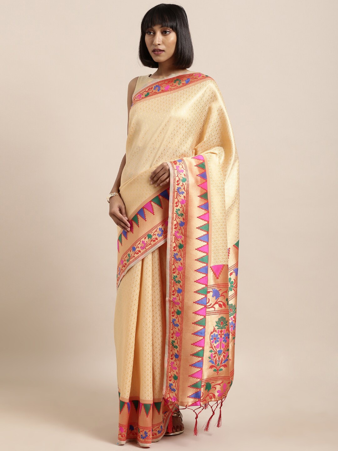 

Mitera Cream-Coloured & Red Woven Design Zari Silk Blend Banarasi Saree