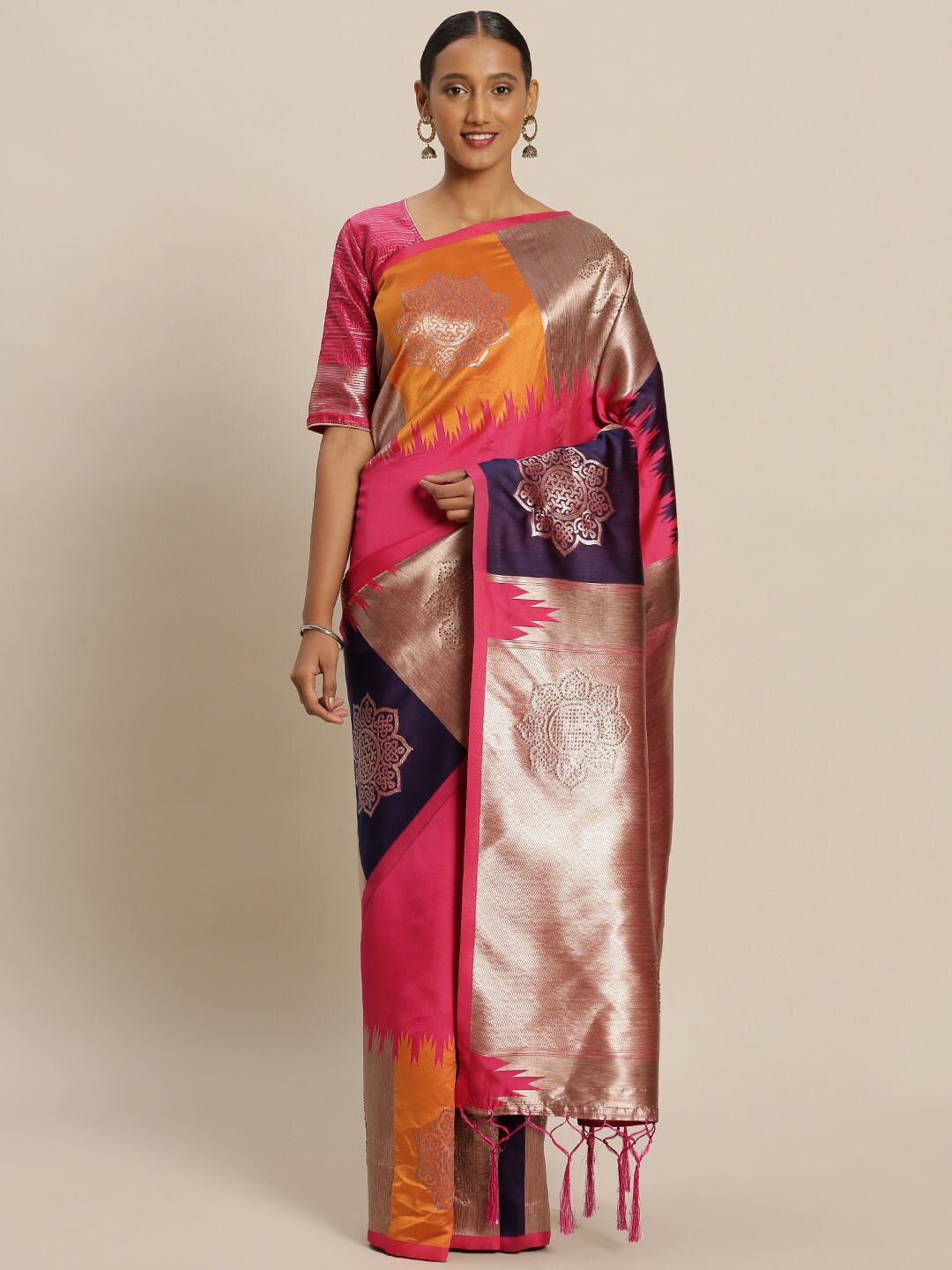 

Mitera Pink & Silver-Toned Woven Design Zari Silk Blend Banarasi Saree