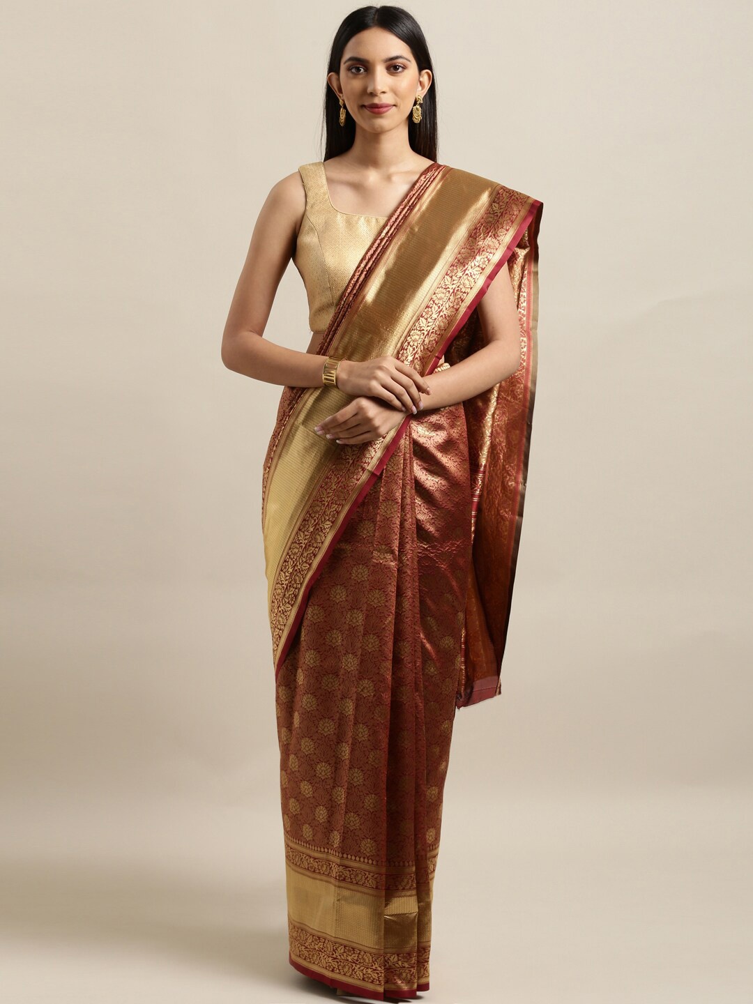 

Mitera Maroon & Gold-Toned Woven Design Zari Silk Blend Banarasi Saree