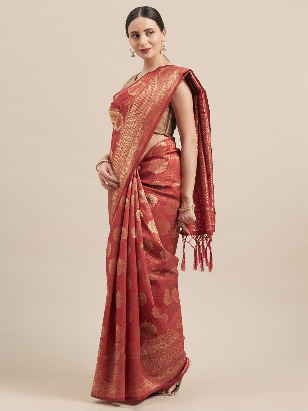 

Mitera Red & Gold Ethnic Motifs Zari Silk Blend Banarasi Saree