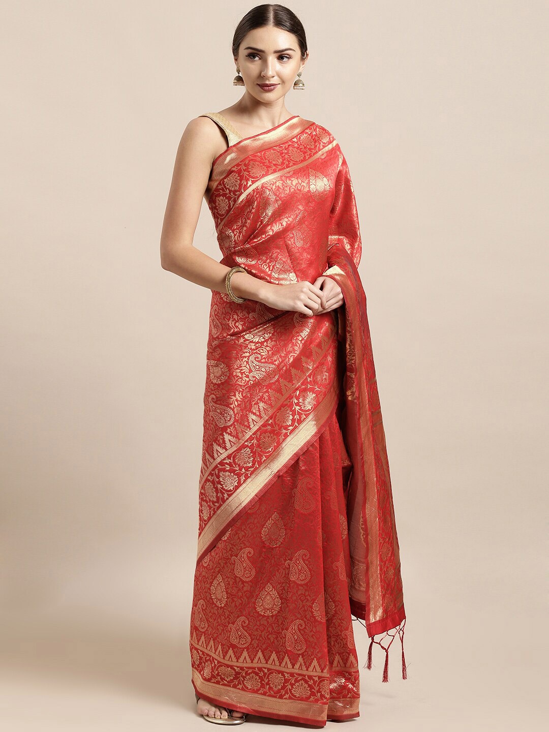 

Mitera Red & Gold-Toned Woven Design Zari Silk Blend Banarasi Saree