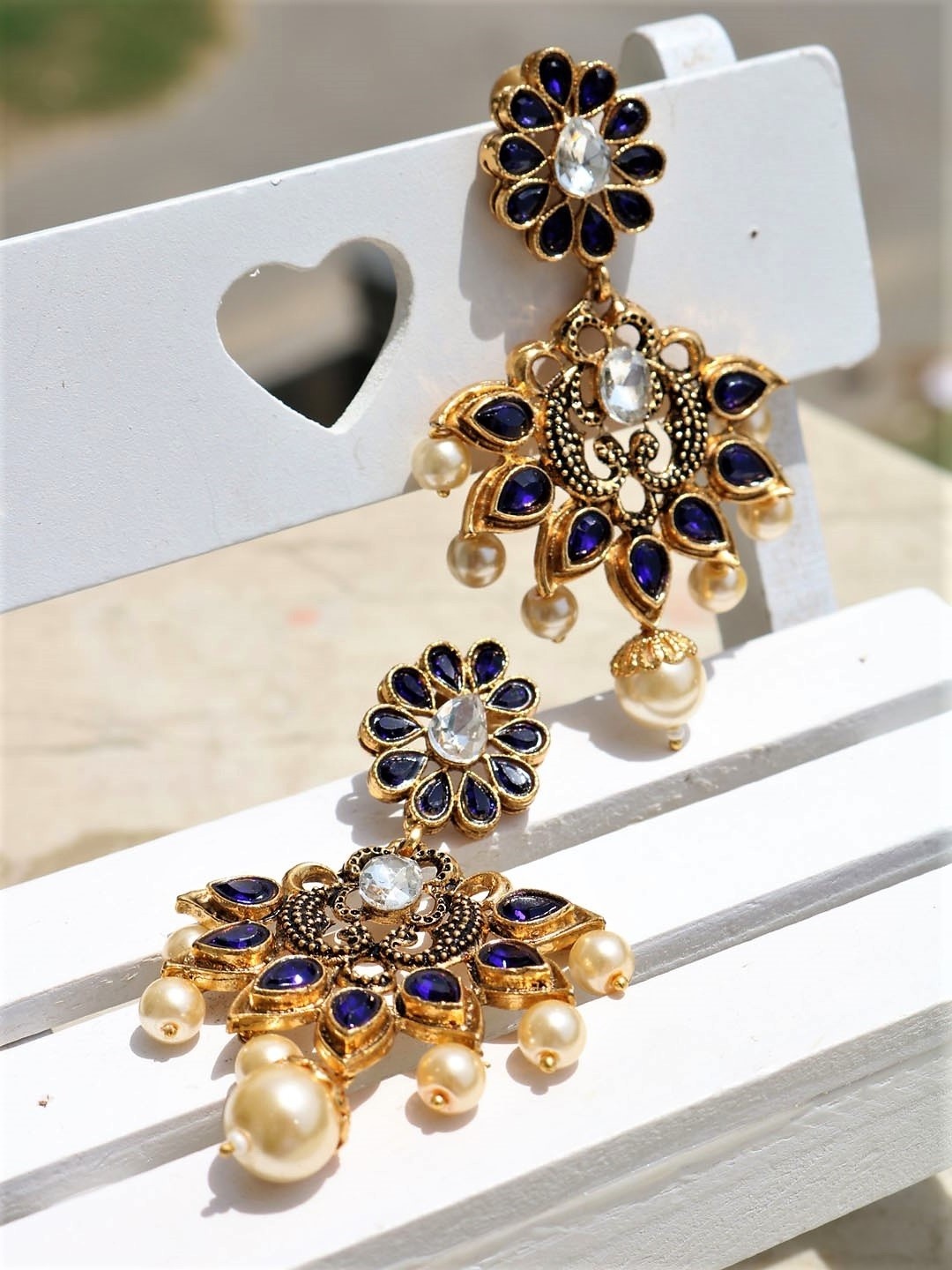 

PANASH Blue Gold-Plated Floral Stone-Studded Antique Drop Earrings