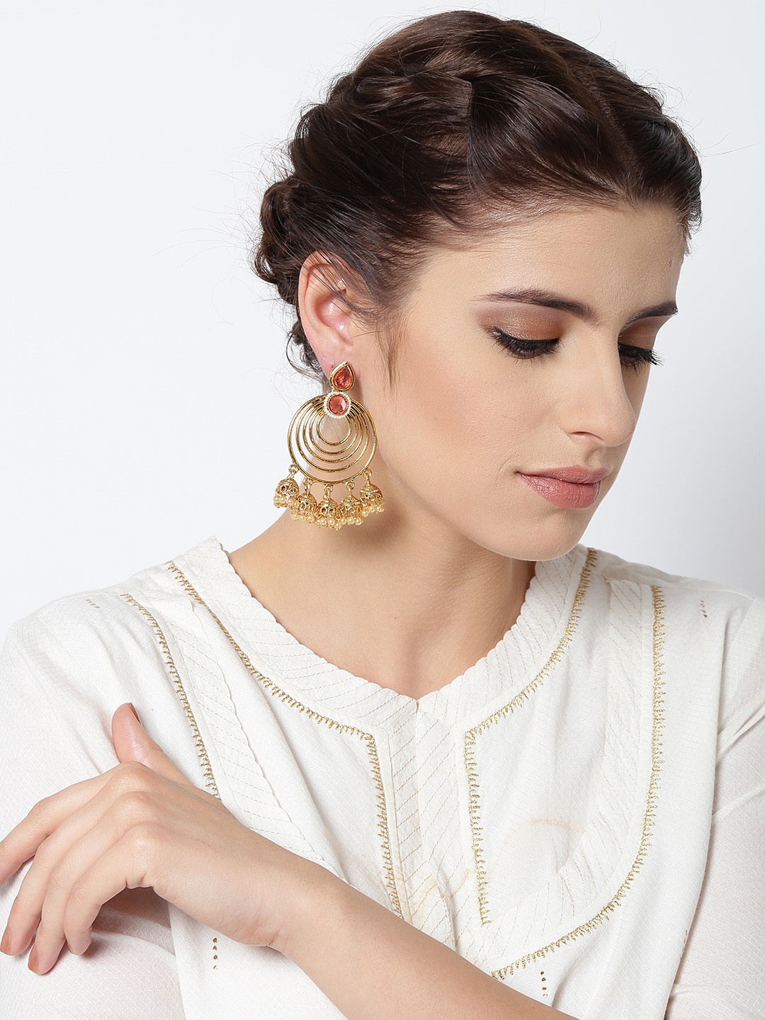 

PANASH Pink Gold-Plated Stone-Studded Drop Earrings