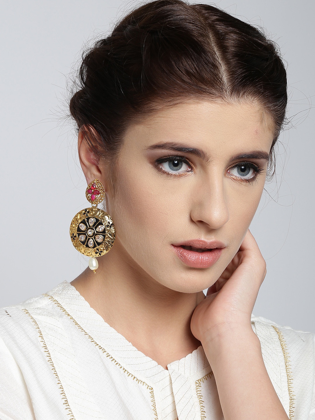 

PANASH Black & Pink Gold-Plated Stone-Studded Antique Drop Earrings