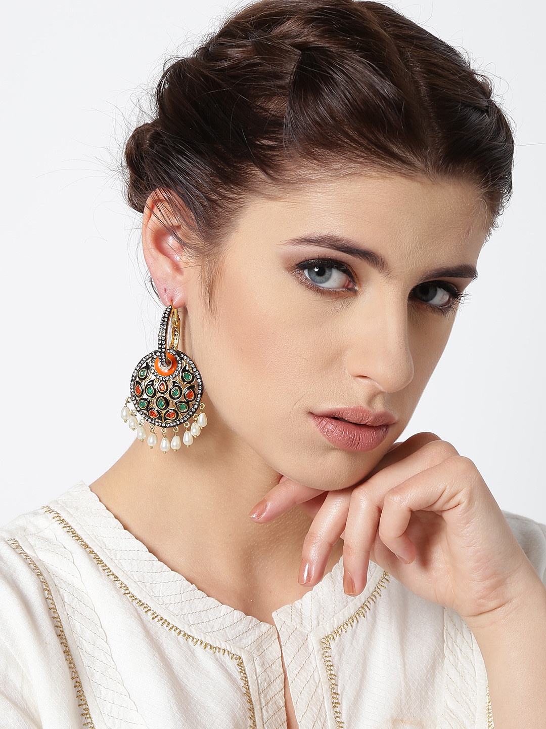 

PANASH Multicoloured Gold-Plated Stone-Studded Antique Hoop Earrings, Multi