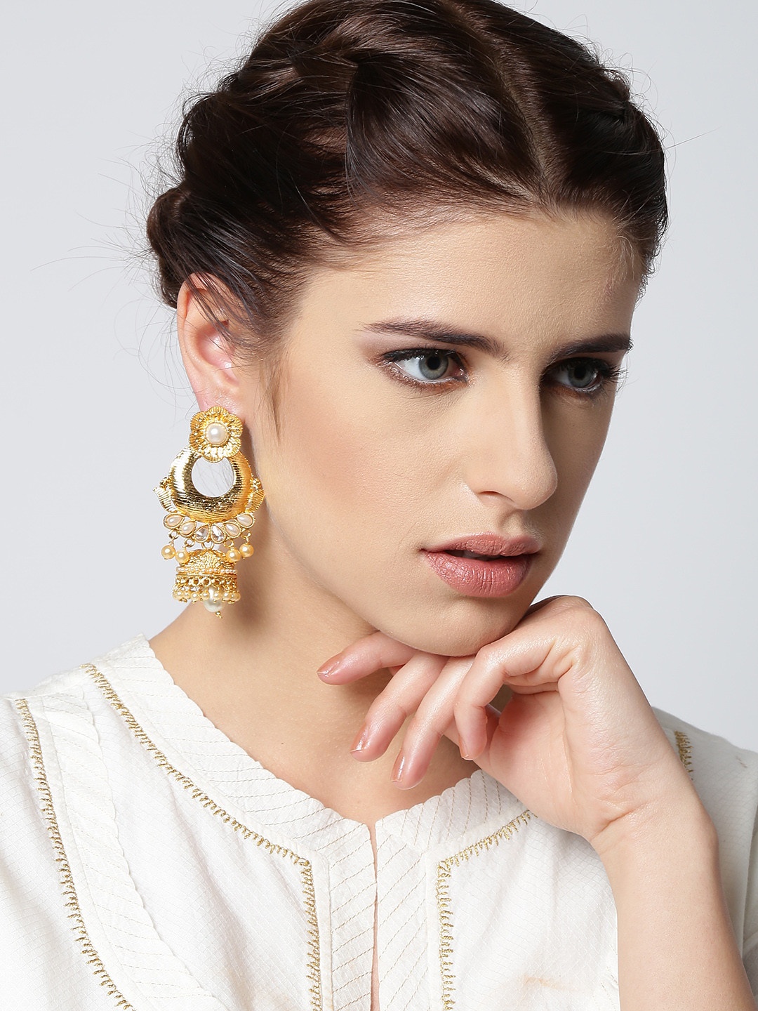 

PANASH Off-White Gold-Plated Stone-Studded Jhumka Earrings